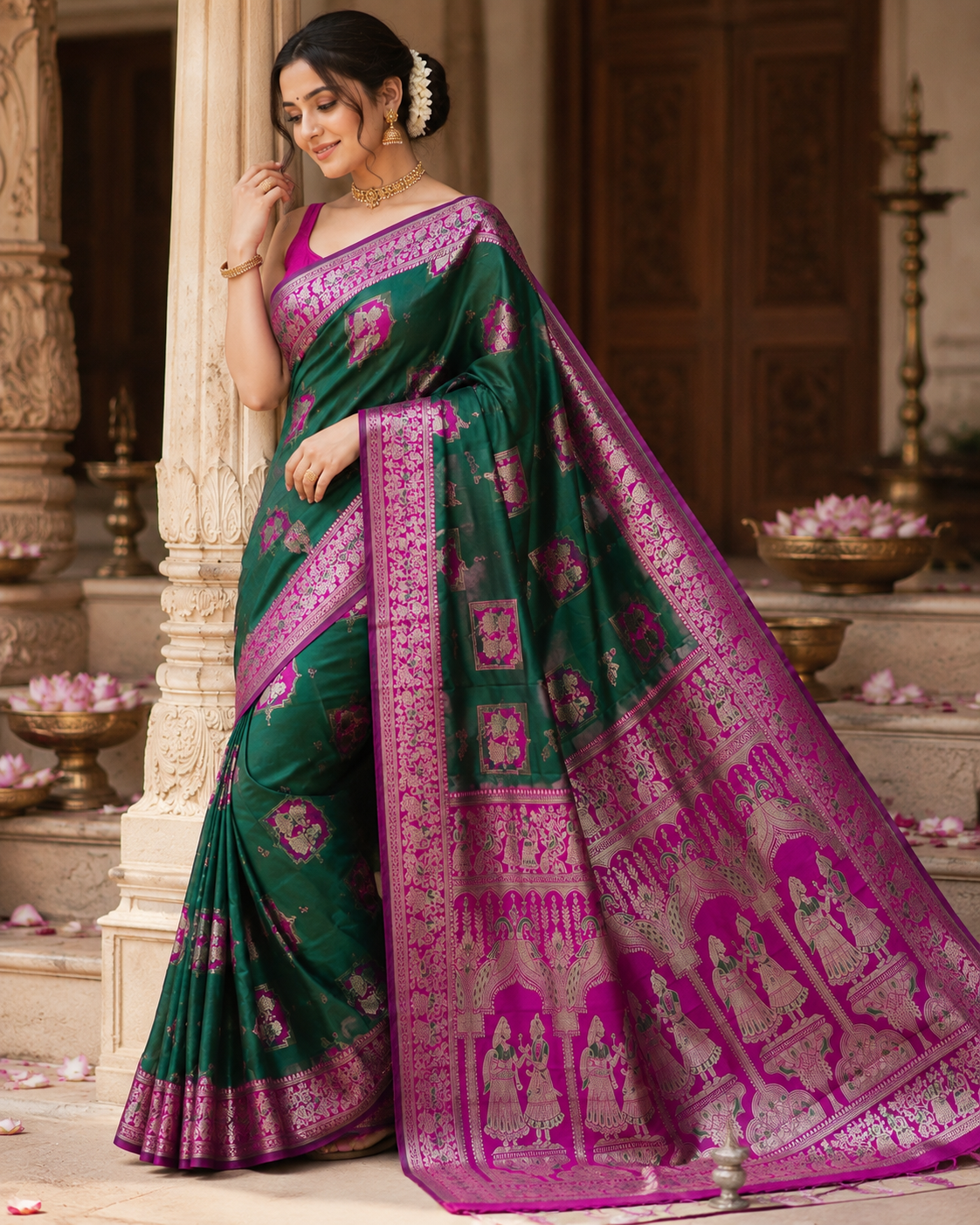Radha Baluchari Saree with Blouse Piece | Traditional Bengali Silk Saree | Elegant Ethnic Wear