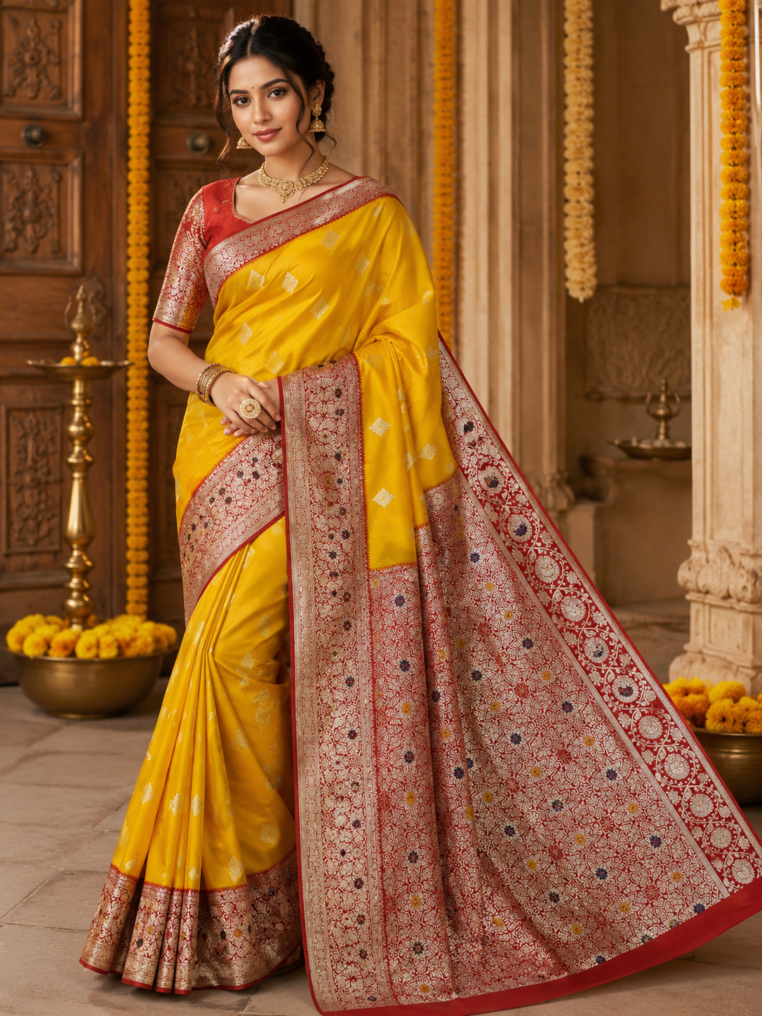 Tanchui Kanjivaram Silk Saree with Blouse Piece | Traditional South Indian Saree | Elegant Wedding & Festive Wear