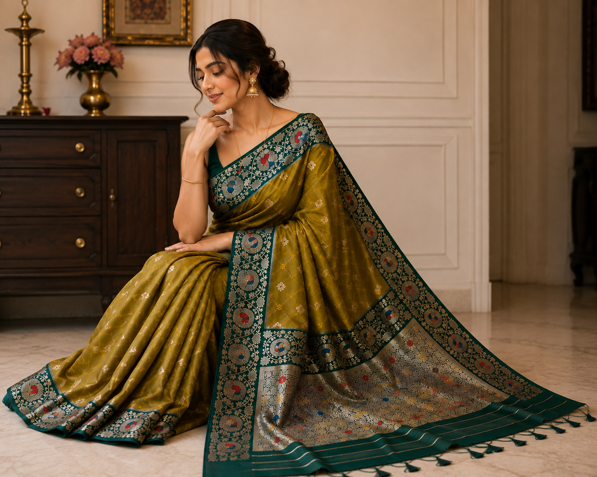 Tanchui Kanjivaram Silk Saree with Blouse Piece | Traditional South Indian Saree | Elegant Wedding & Festive Wear
