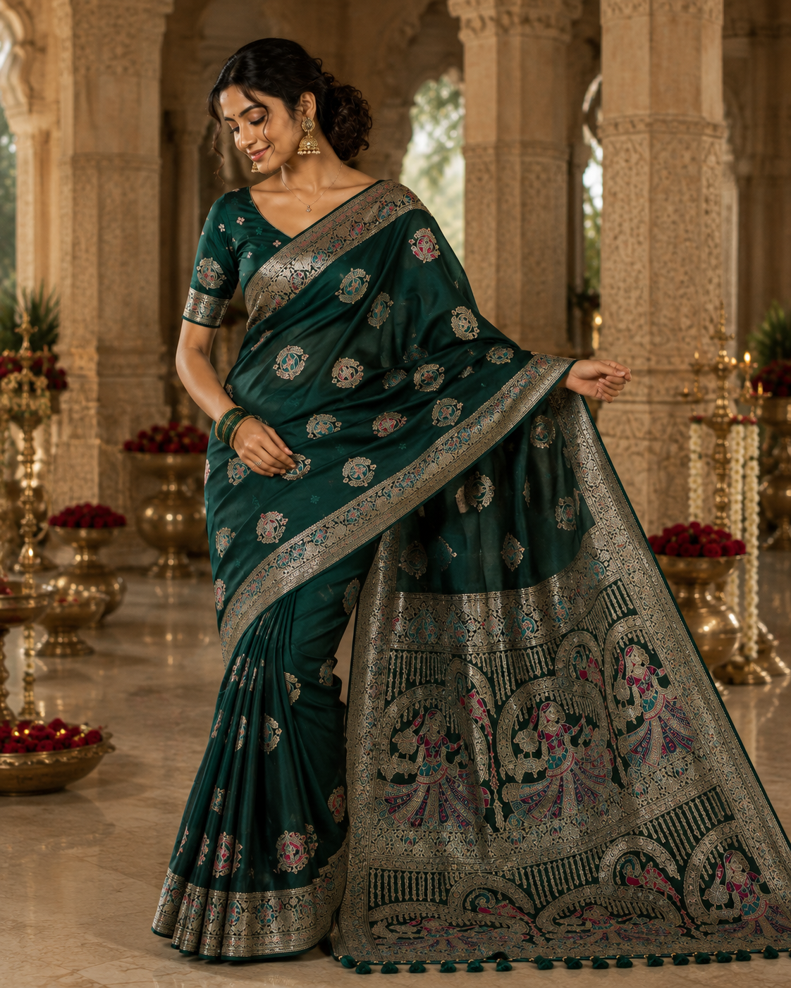 Nortuki Baluchari Saree with Blouse Piece | Traditional Bengali Silk Saree | Elegant Ethnic Wear