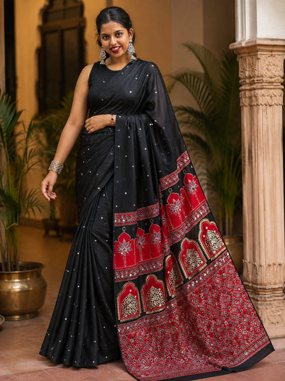 Modal Silk Saree with Mirror Work on Body & Blouse Piece | Elegant Indian Saree | Festive & Party Wear