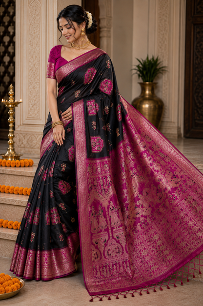 Radha Baluchari Saree with Blouse Piece | Traditional Bengali Silk Saree | Elegant Ethnic Wear