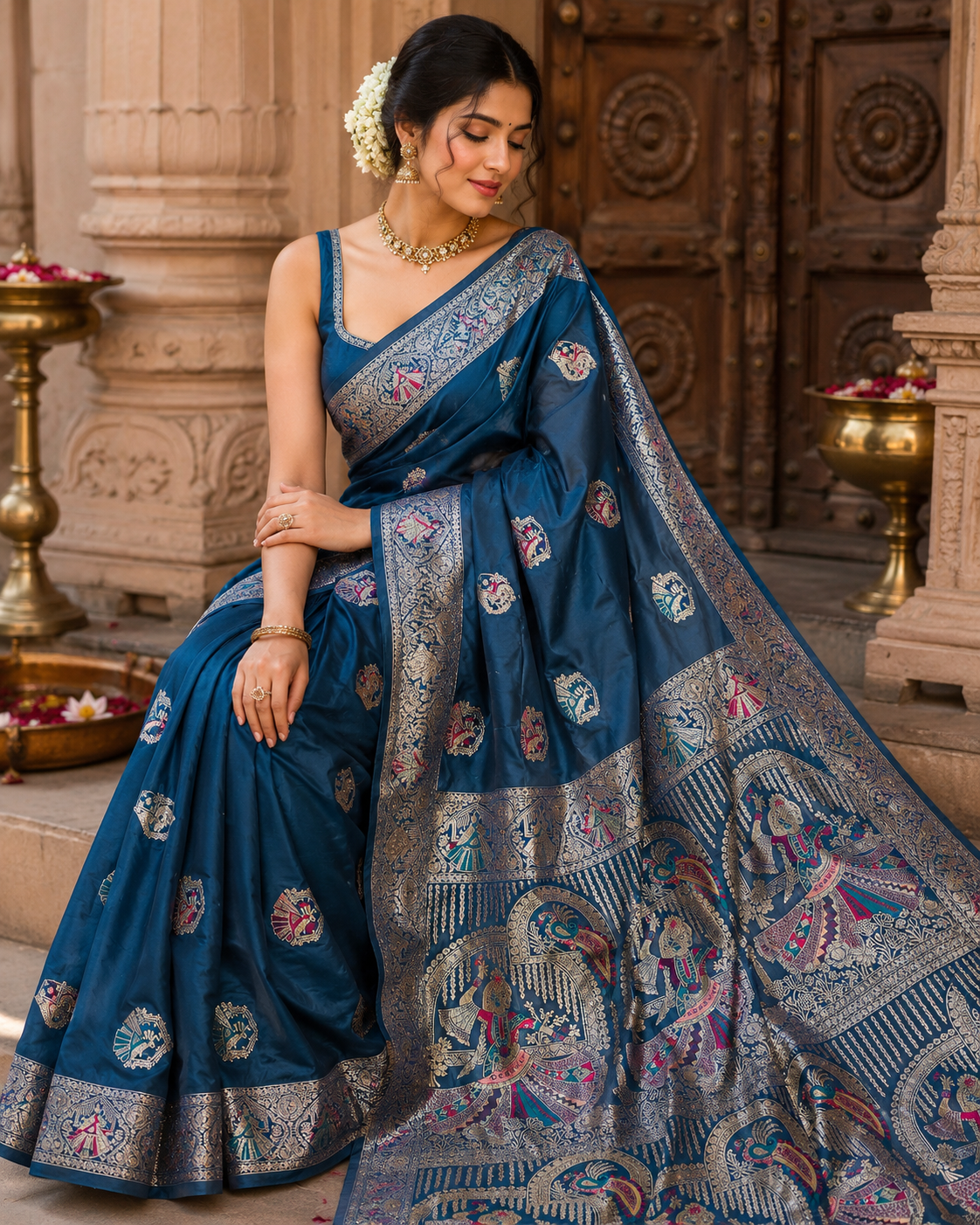 Nortuki Baluchari Saree with Blouse Piece | Traditional Bengali Silk Saree | Elegant Festive & Wedding Wear