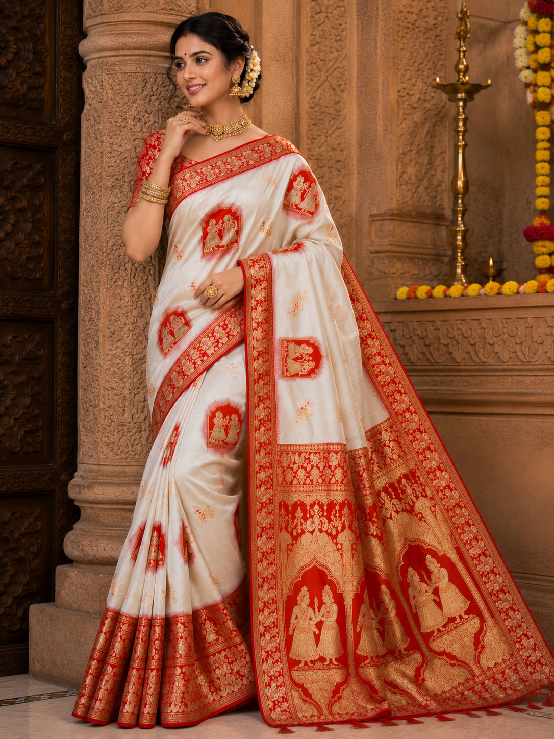 Radha Baluchari Saree with Blouse Piece | Traditional Bengali Silk Saree | Elegant Ethnic Wear