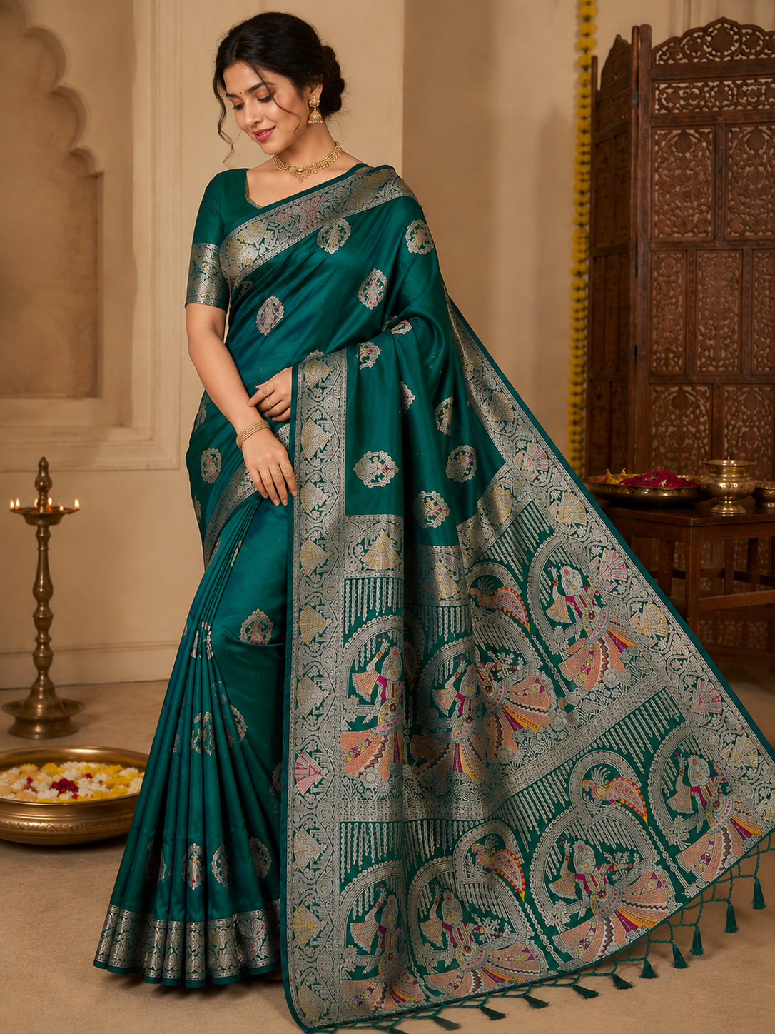 Nortuki Baluchari Saree with Blouse Piece | Traditional Bengali Silk Saree | Elegant Festive & Wedding Wear