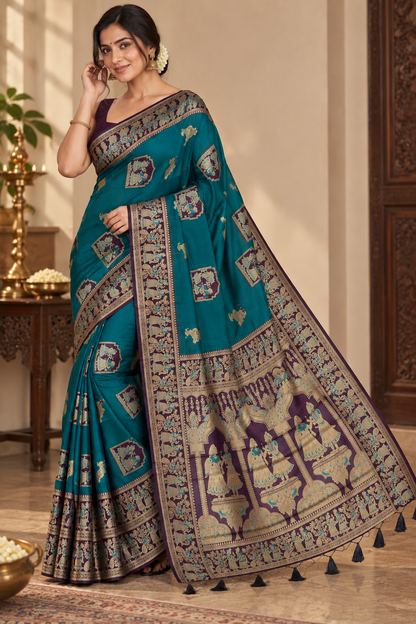 Radha Baluchari Saree with Blouse Piece | Traditional Bengali Silk Saree | Elegant Ethnic Wear