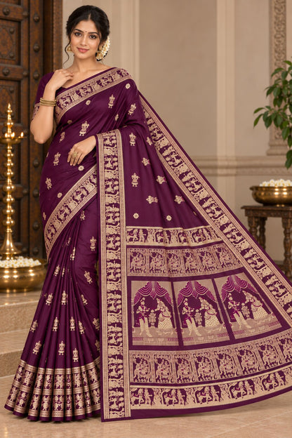 Baluchari Silk Saree with Blouse Piece | Traditional Bengali Saree | Elegant Ethnic, Festive & Wedding Wear