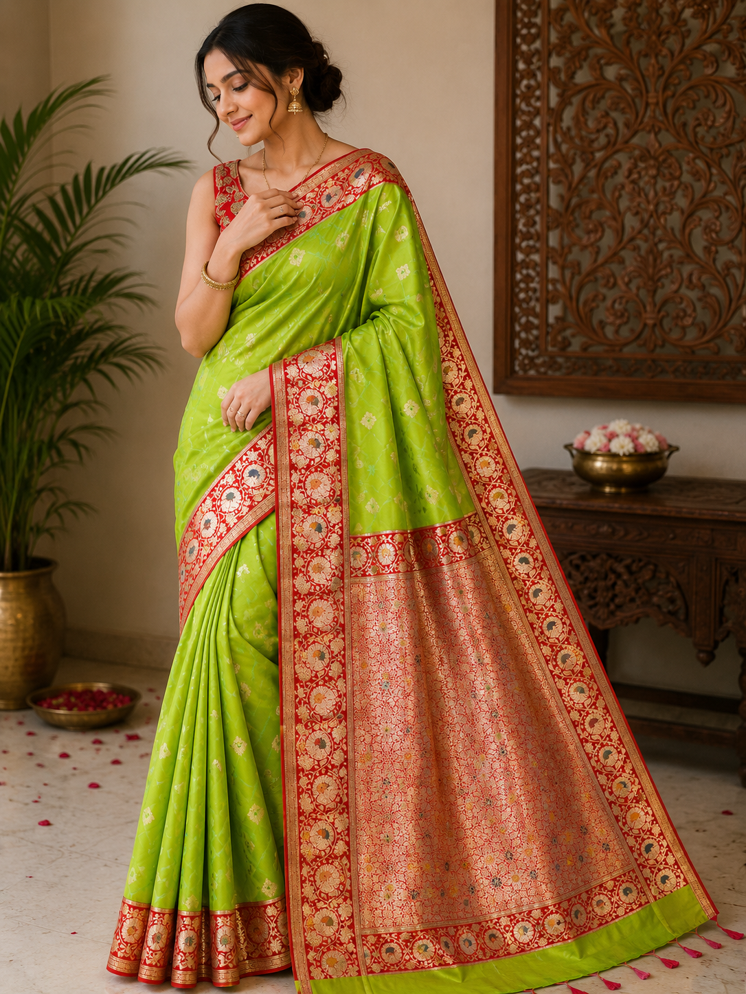 Tanchui Kanjivaram Silk Saree with Blouse Piece | Traditional South Indian Saree | Elegant Wedding & Festive Wear