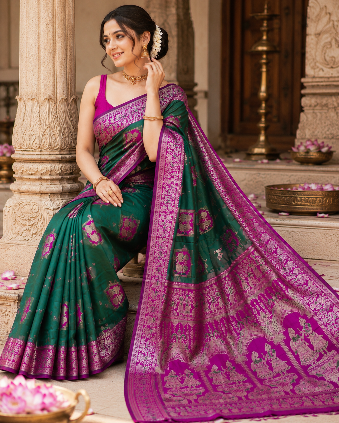 Radha Baluchari Saree with Blouse Piece | Traditional Bengali Silk Saree | Elegant Ethnic Wear
