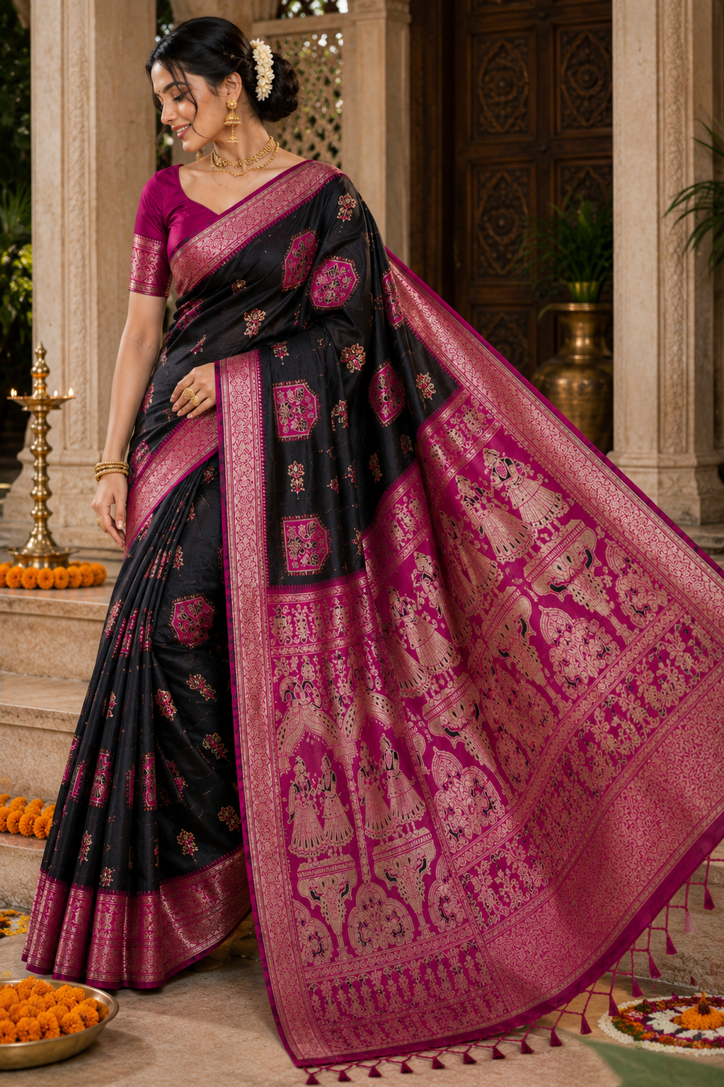 Radha Baluchari Saree with Blouse Piece | Traditional Bengali Silk Saree | Elegant Ethnic Wear