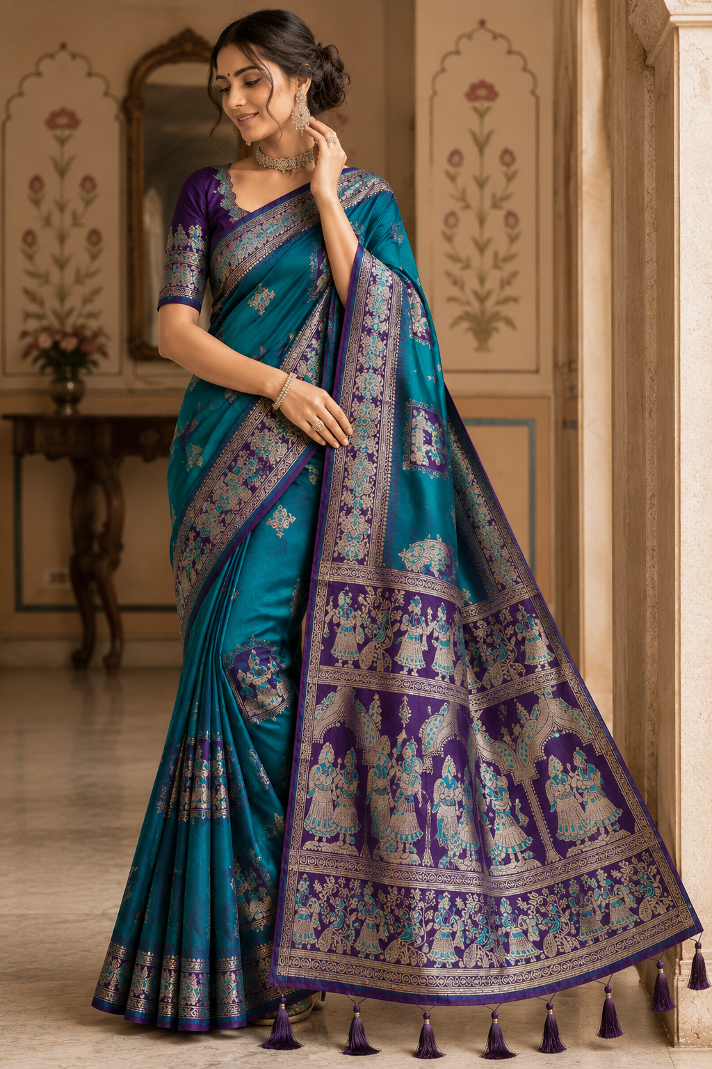 Radha Baluchari Saree with Blouse Piece | Traditional Bengali Silk Saree | Elegant Ethnic Wear