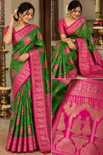 Radha Baluchari Saree with Blouse Piece | Traditional Bengali Silk Saree | Elegant Ethnic Wear