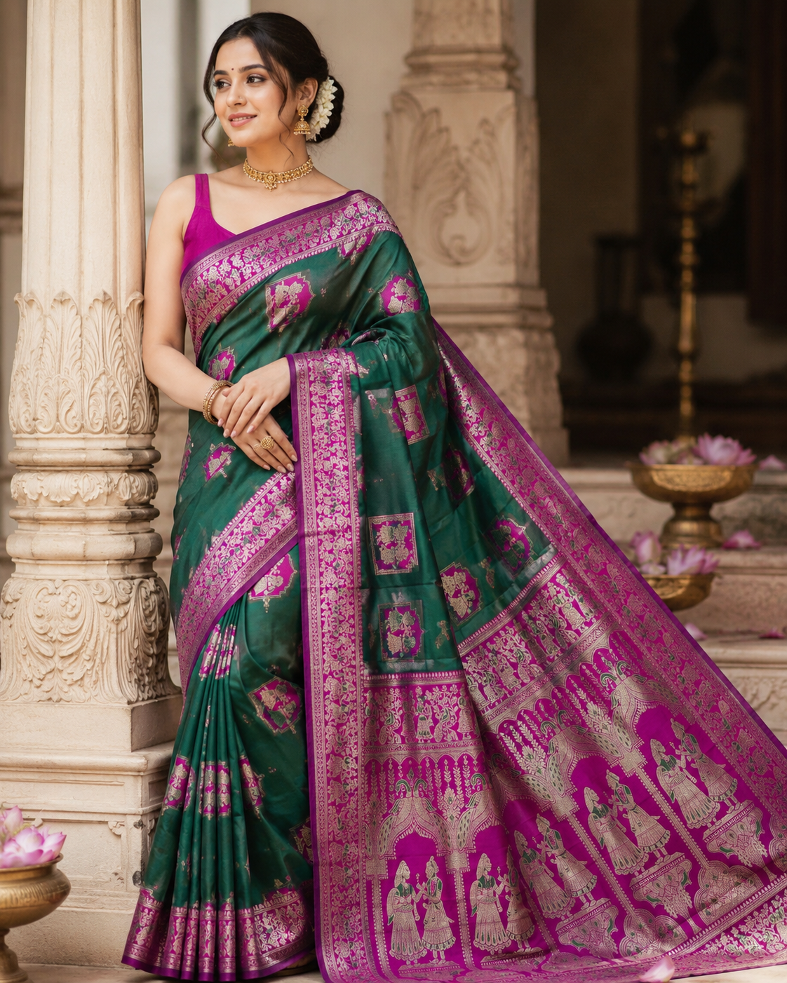 Radha Baluchari Saree with Blouse Piece | Traditional Bengali Silk Saree | Elegant Ethnic Wear