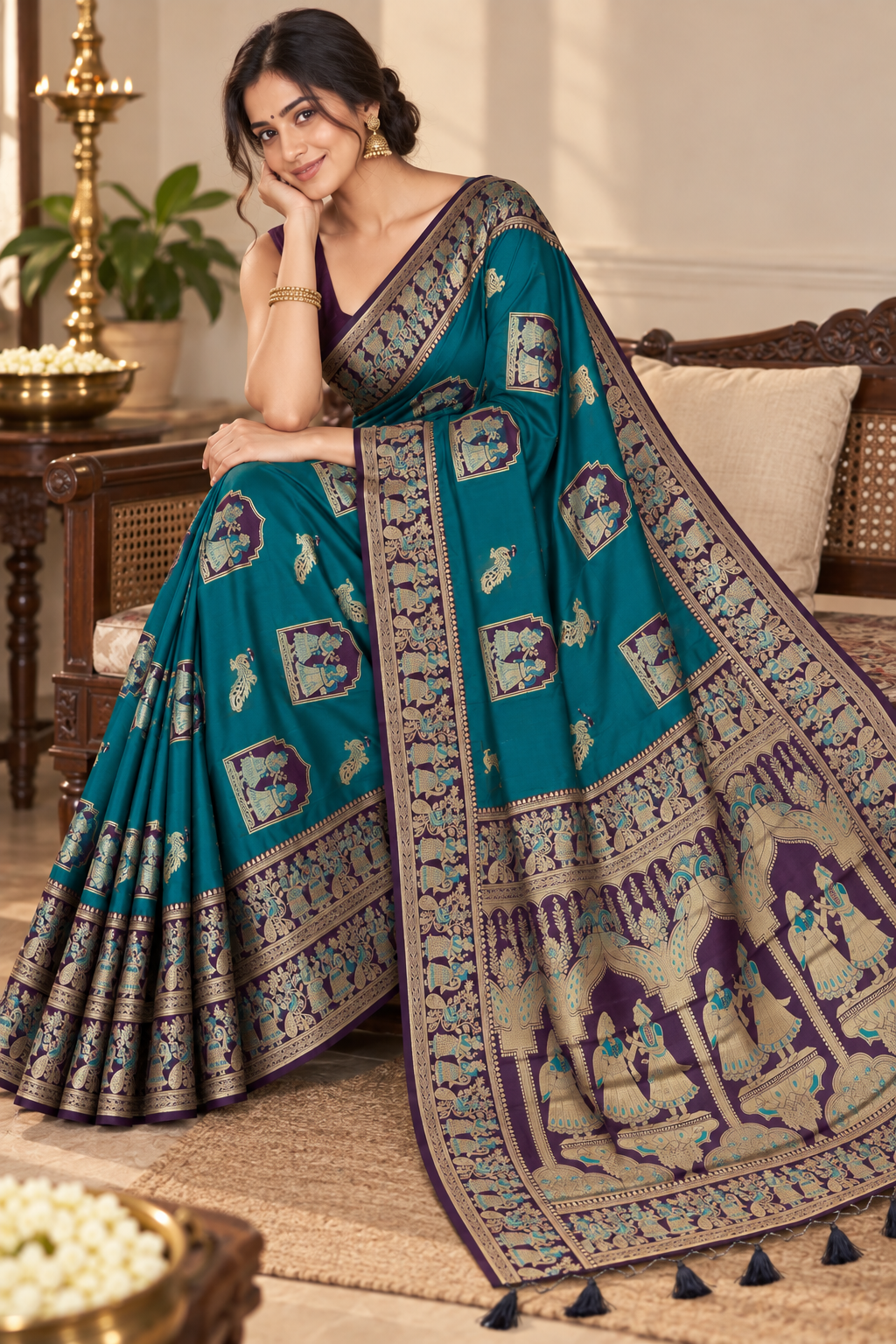 Radha Baluchari Saree with Blouse Piece | Traditional Bengali Silk Saree | Elegant Ethnic Wear