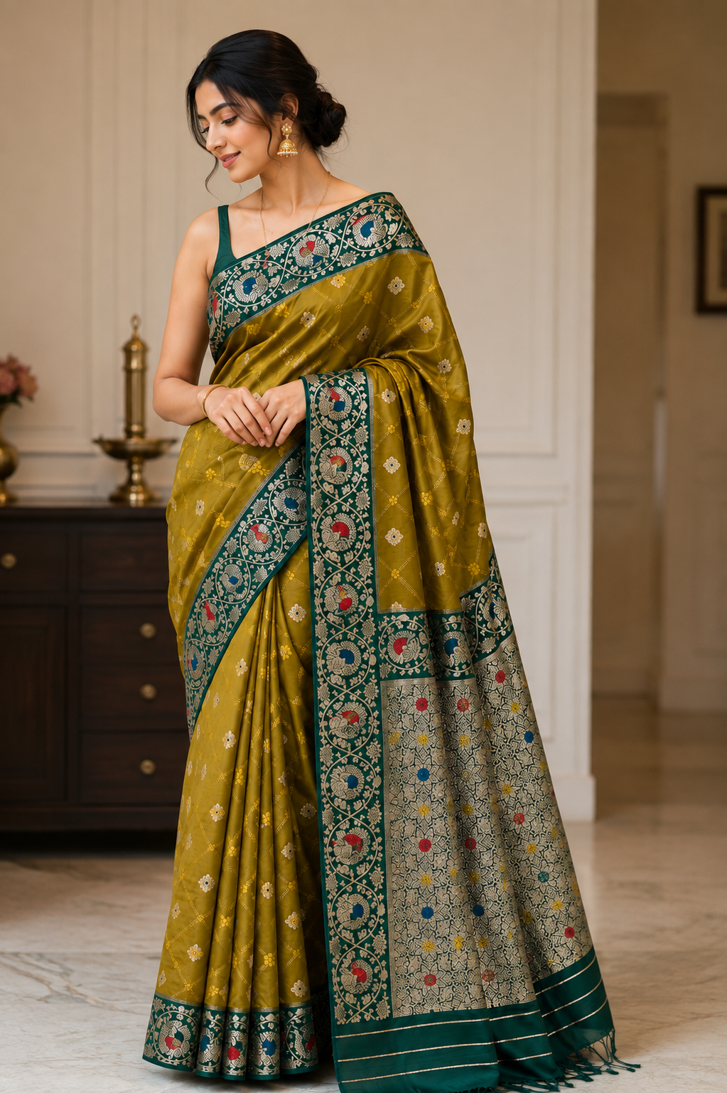 Tanchui Kanjivaram Silk Saree with Blouse Piece | Traditional South Indian Saree | Elegant Wedding & Festive Wear