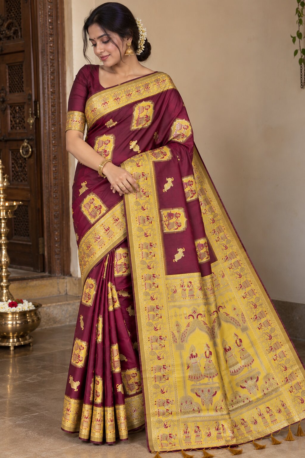 Radha Baluchari Saree with Blouse Piece | Traditional Bengali Silk Saree | Elegant Ethnic Wear
