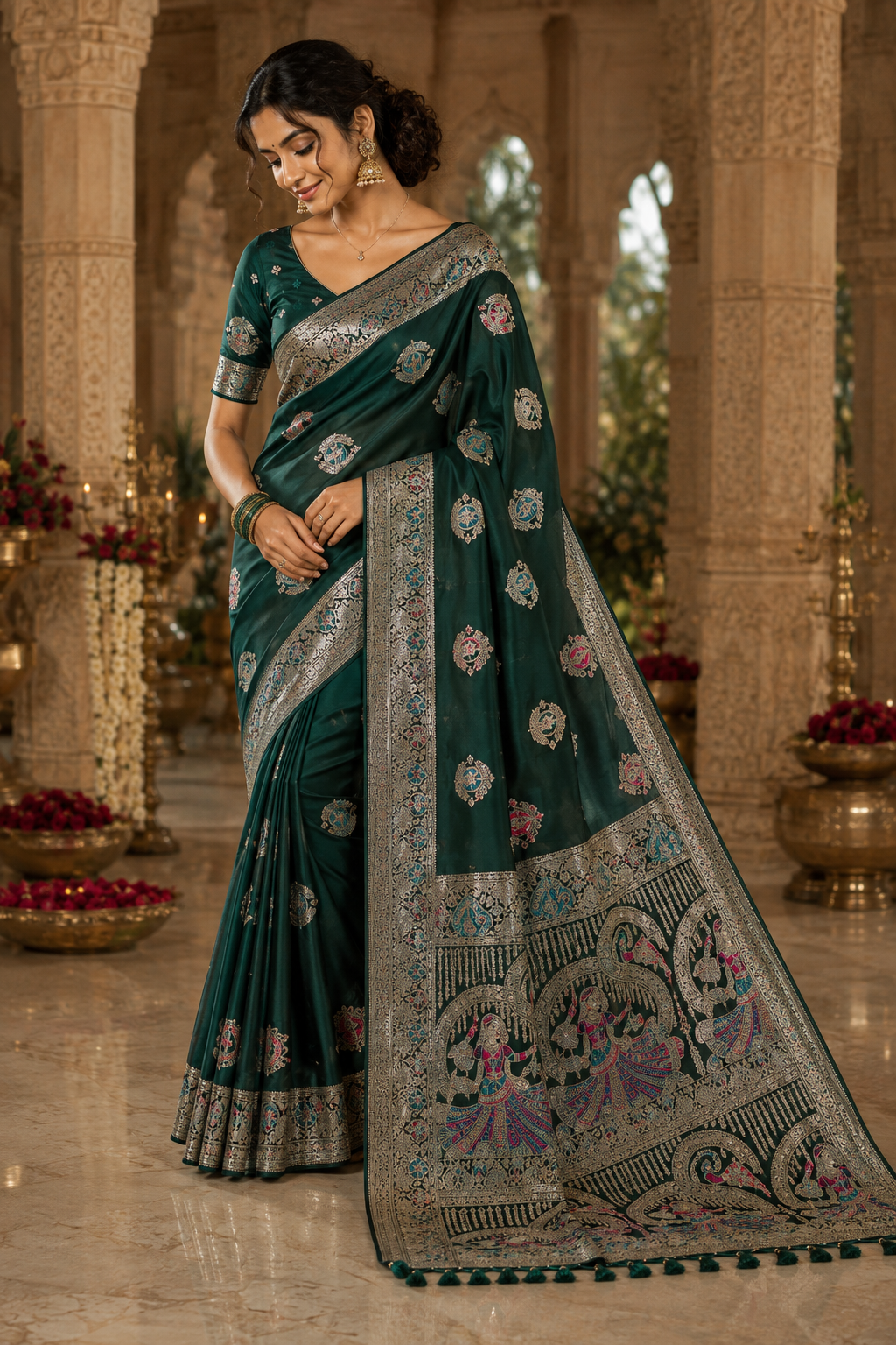 Nortuki Baluchari Saree with Blouse Piece | Traditional Bengali Silk Saree | Elegant Ethnic Wear