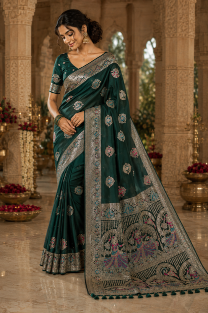 Nortuki Baluchari Saree with Blouse Piece | Traditional Bengali Silk Saree | Elegant Ethnic Wear