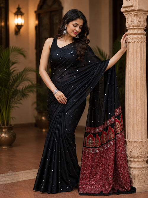 Modal Silk Saree with Mirror Work on Body & Blouse Piece | Elegant Indian Saree | Festive & Party Wear