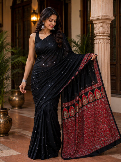 Modal Silk Saree with Mirror Work on Body & Blouse Piece | Elegant Indian Saree | Festive & Party Wear