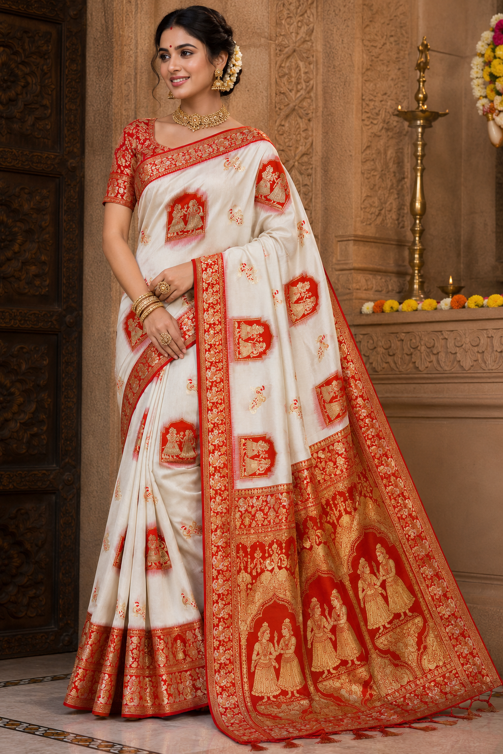 Radha Baluchari Saree with Blouse Piece | Traditional Bengali Silk Saree | Elegant Ethnic Wear