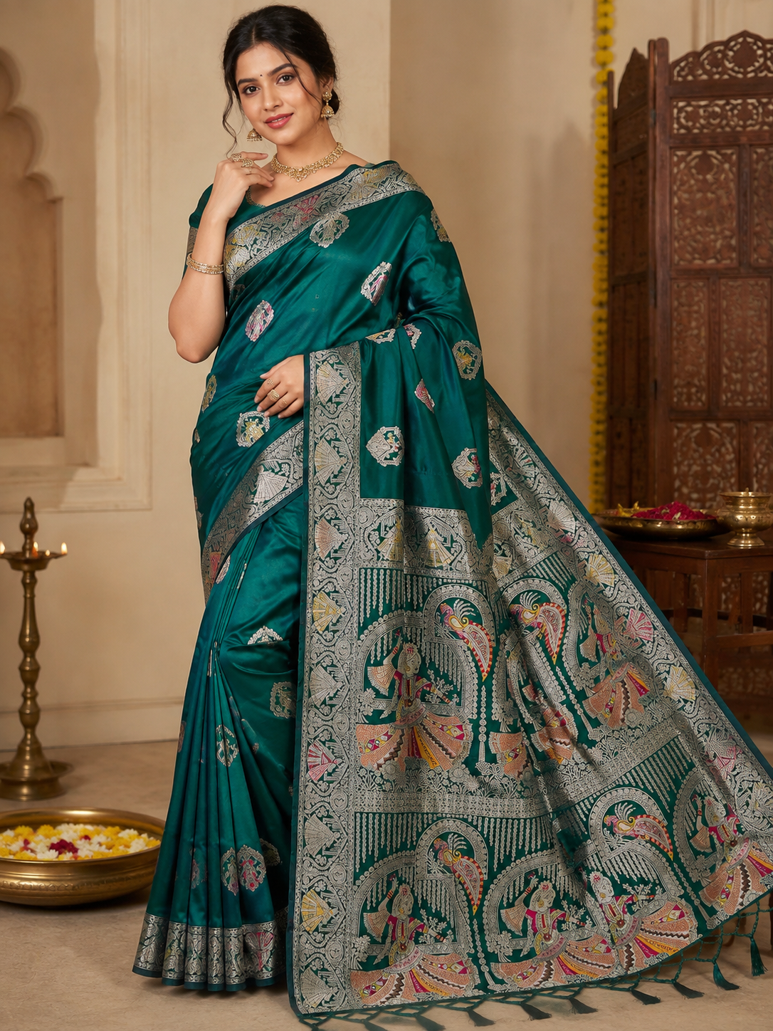 Nortuki Baluchari Saree with Blouse Piece | Traditional Bengali Silk Saree | Elegant Festive & Wedding Wear