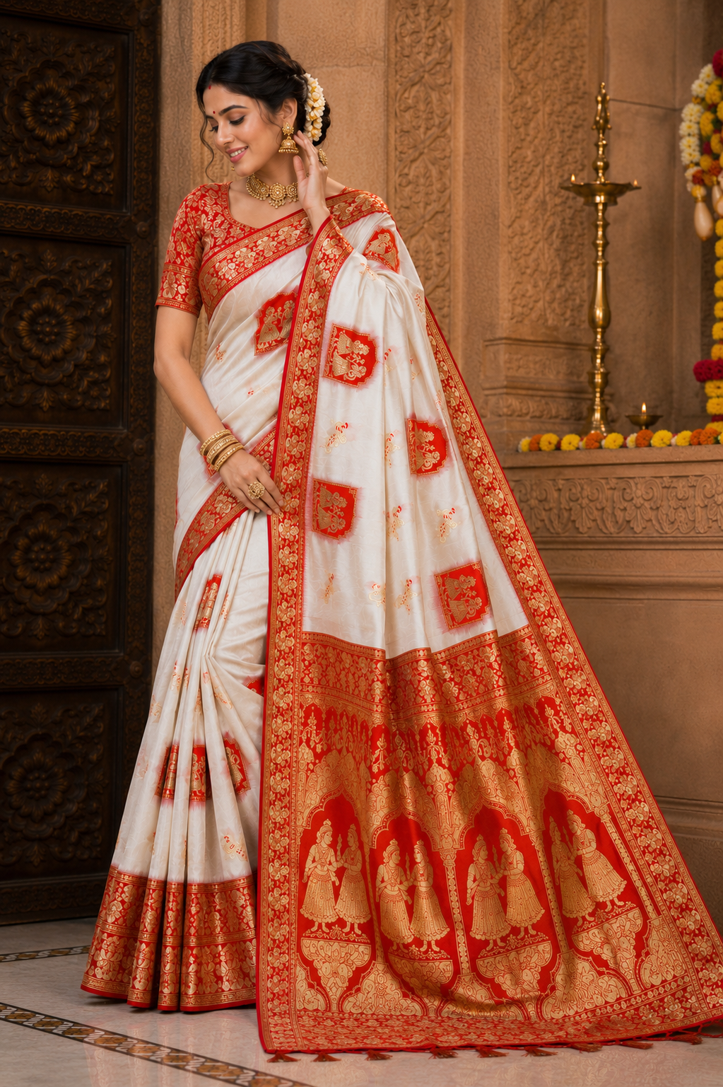 Radha Baluchari Saree with Blouse Piece | Traditional Bengali Silk Saree | Elegant Ethnic Wear